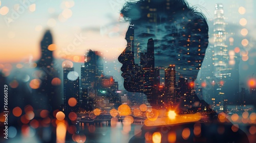 Double exposure photography merging cityscape with businessman symbolizing corporate success in urban environment