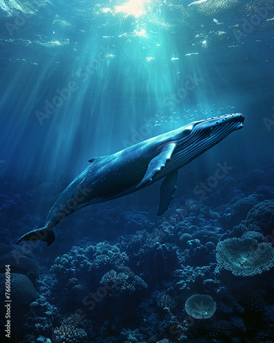 Blue whale  vast ocean  recovery from endangered status  peacefully swimming within a coral reef Realistic  Sunlight  HDR