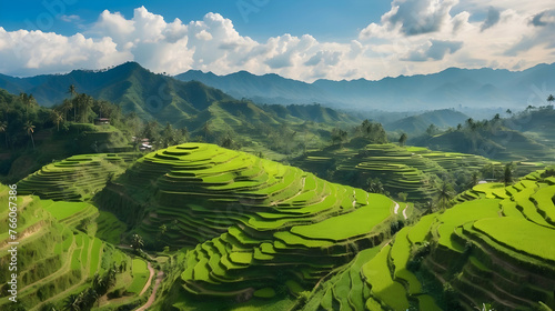 aerial view of green rice field terraces with clean sky and rural vibes photo