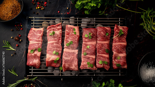 Six raw steaks with herbs are on a grill pan, surrounded by various cooking ingredients.
