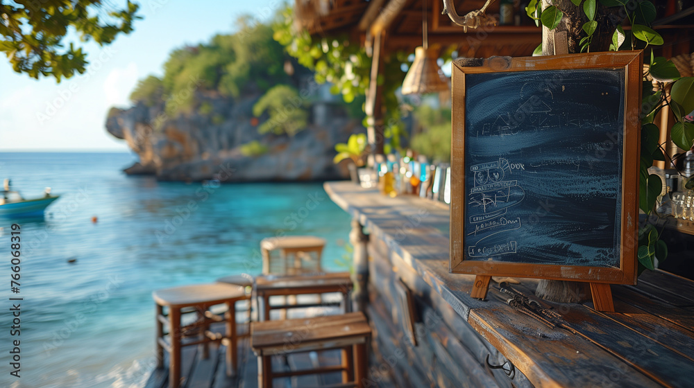 Fototapeta premium A blank blackboard with nothing written on it. Placed at the outdoor bar counter at the sea.