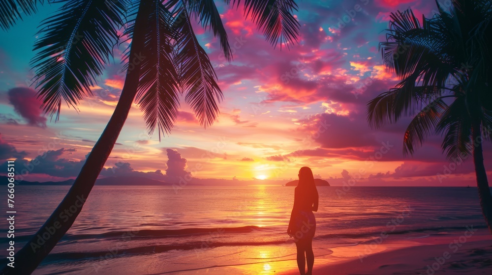 the essence of wanderlust with a woman admiring a stunning sunset over a tropical beach - obrazy, fototapety, plakaty 