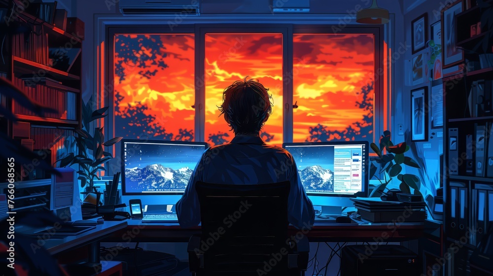 Digital Artist Engaged in Creation with a Dramatic Illustration Sunset View