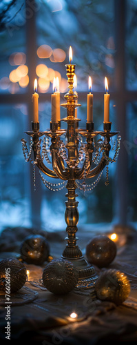 Menorah, Kippah, Hanukkah Storytelling, Gathering Around the Table, Snowy Evening, Photography, Backlights, Vignette photo