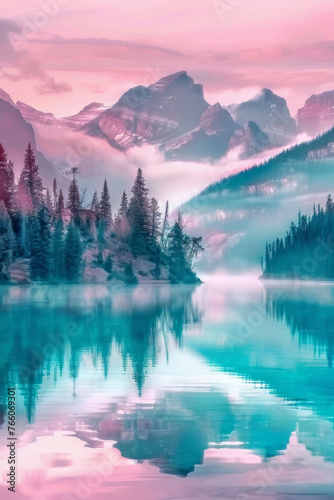 Pastel Mountain Reflections at Dawn. Landscape Illustration. Generative AI. 