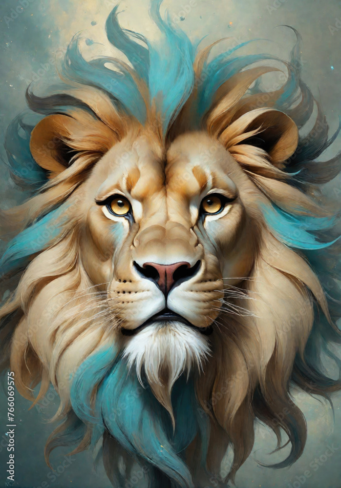 Fantasy Illustration of a wild animal lion. Digital art style wallpaper background.