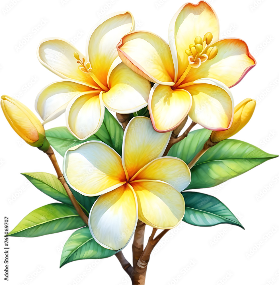 Watercolor painting of a Frangipani flower.