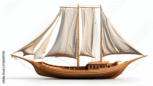 3d rendering of pinisi boat with sails spread out on a white background