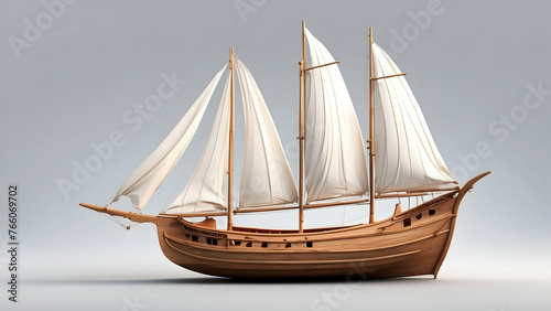 3d rendering of pinisi boat with sails spread out on a white background photo