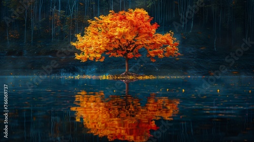 Neon tree casts its radiant glow on a tranquil pond the water reflecting a kaleidoscope of vibrant ethereal colors