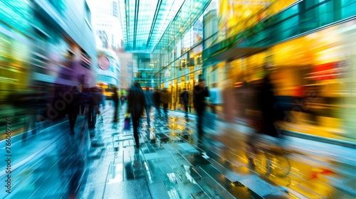 the hustle and bustle of a modern city street scene  with blurred motion and vibrant colors