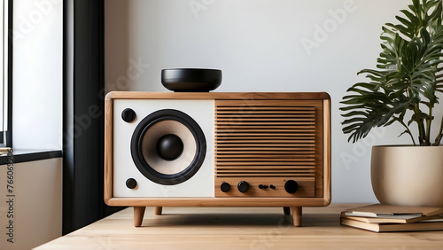 minimalist and modern wooden speaker on the top of wooden shelf