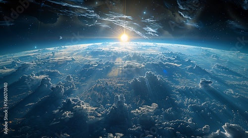 view earth sun shining clouds stunning dawn bluish panoramic imagery deep space closeup year