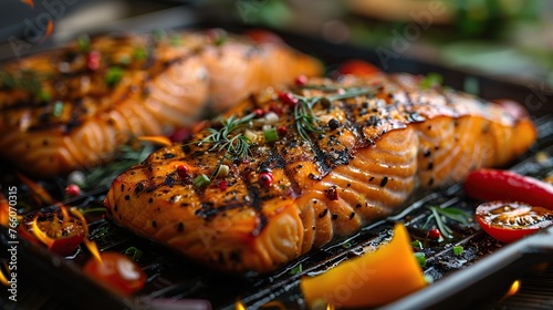 Grilled salmon in a pan over a fire
