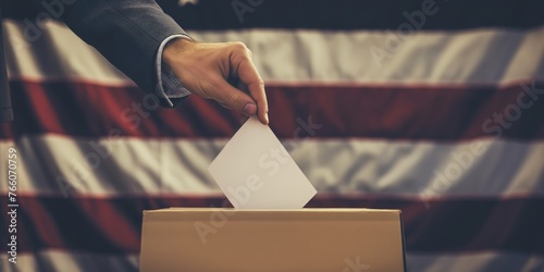 Person submitting their vote, underscored by the patriotic background of the American flag. photo