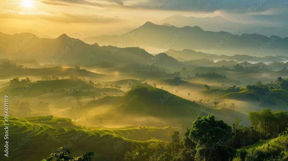 the tranquility of nature with a breathtaking landscape shot of a mountain range bathed in golden sunlight