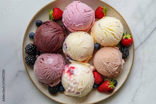 Top view of assorted scoops of colorful ice cream with berries on a plate