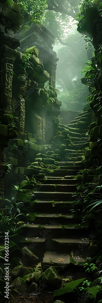 Obraz premium stone stairway leading structure woods princess young temple run empty liminal space green terrace descend deep steps lost