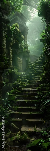 stone stairway leading structure woods princess young temple run empty liminal space green terrace descend deep steps lost
