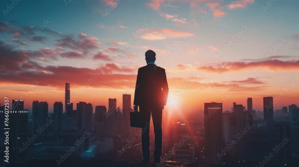 the concept of success and achievement with a confident entrepreneur standing tall against a city skyline, with a briefcase in hand the concept of success and achievement with a confident entrepreneur standing tall against a city skyline, with a briefcase in hand