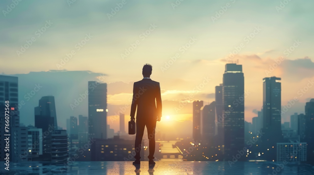 the concept of success and achievement with a confident entrepreneur standing tall against a city skyline, with a briefcase in hand the concept of success and achievement with a confident entrepreneur standing tall against a city skyline, with a briefcase in hand