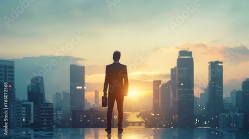 the concept of success and achievement with a confident entrepreneur standing tall against a city skyline, with a briefcase in hand