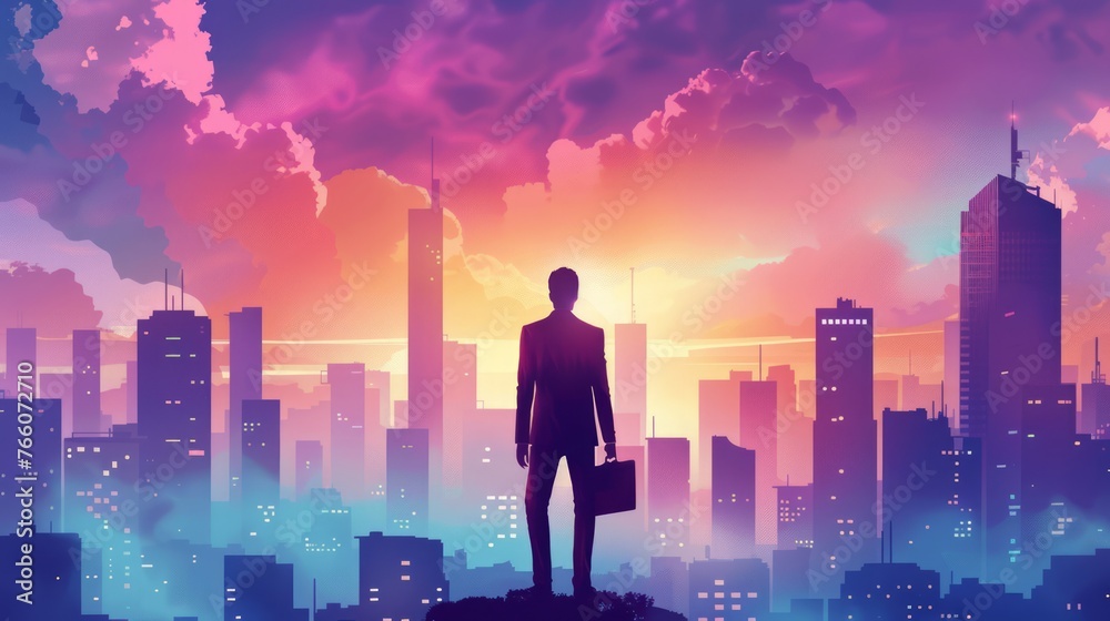 the concept of success and achievement with a confident entrepreneur standing tall against a city skyline, with a briefcase in hand the concept of success and achievement with a confident entrepreneur standing tall against a city skyline, with a briefcase in hand