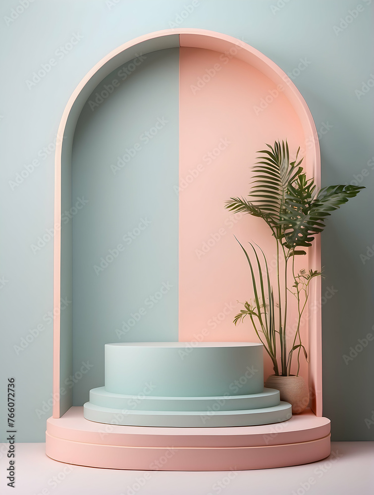 Minimalist podium with abstract background and tropical plant. Pastel colors scene. Trendy 3d render for social media banners, promotion, cosmetic product show. Geometric shapes design
