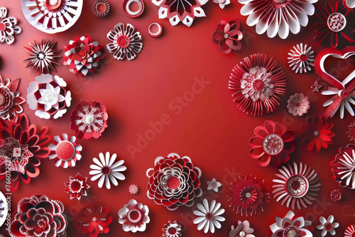 Beautiful Valentine's Day Background with red and white Love Heart. Paper Cut Flowers. Generative AI