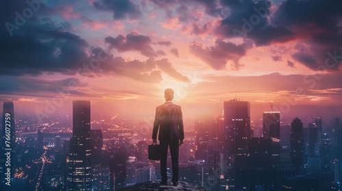 the concept of success and achievement with a confident entrepreneur standing tall against a city skyline, with a briefcase in hand photo