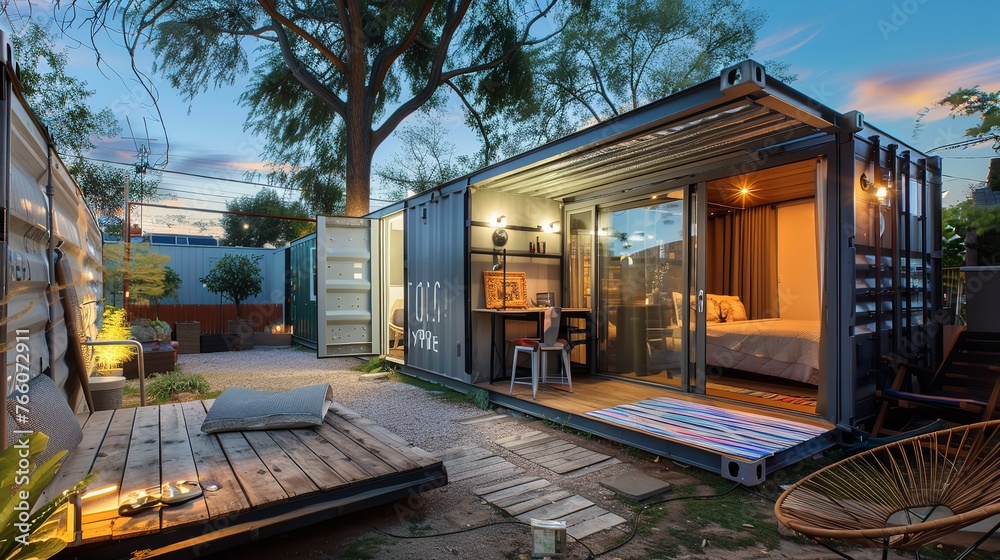 A chic little home in an exquisite environment developed from recycled shipping containers and space, Generative AI.