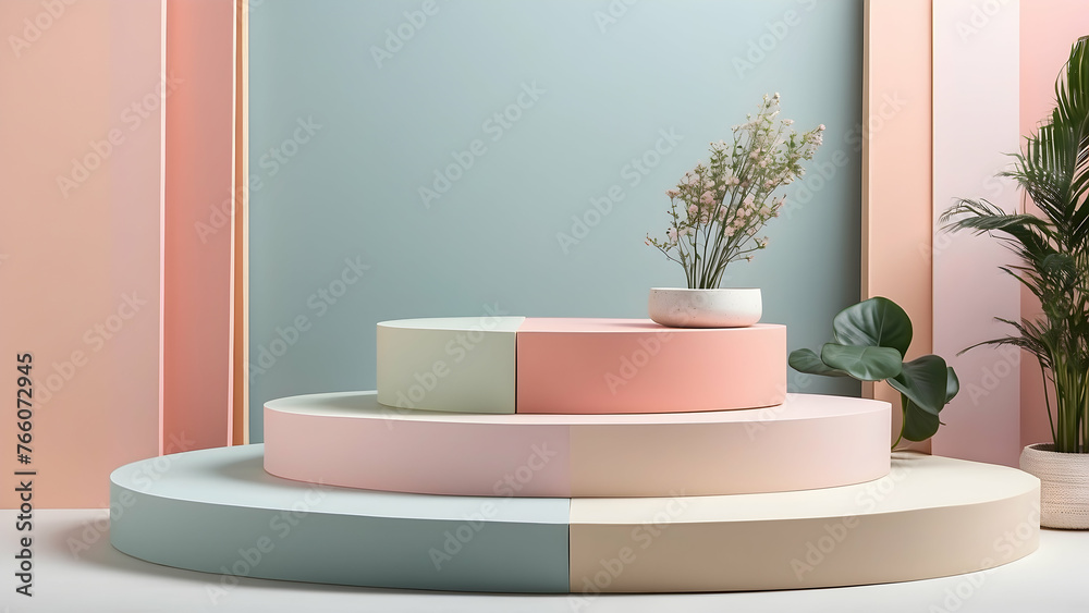 Minimalist podium with abstract background and tropical plants. Pastel colors scene. Trendy 3d render for social media banners, promotion, cosmetic product show. Geometric shapes design Minimalist podium with abstract background and tropical plants. Pastel colors scene. Trendy 3d render for social media banners, promotion, cosmetic product show. Geometric shapes design