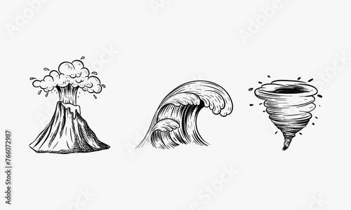 natural disasters. Volcano, tsunami, tornado. Hand drawn vector sketch illustration.