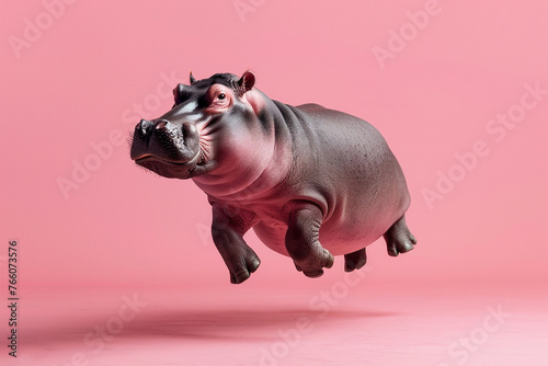 Levitating hippo on pink background