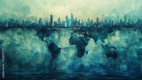 Artwork depicting the ripple effects of a world economy crisis on industries and sectors worldwide illustrating the interconnectedness of global markets.