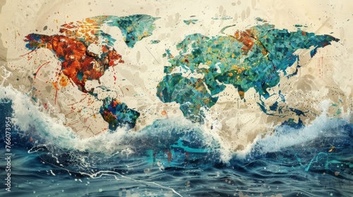 Artwork depicting the ripple effects of a world economy crisis on industries and sectors worldwide illustrating the interconnectedness of global markets.