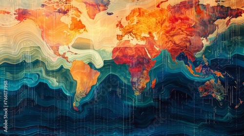 Artwork depicting the ripple effects of a world economy crisis on industries and sectors worldwide illustrating the interconnectedness of global markets.