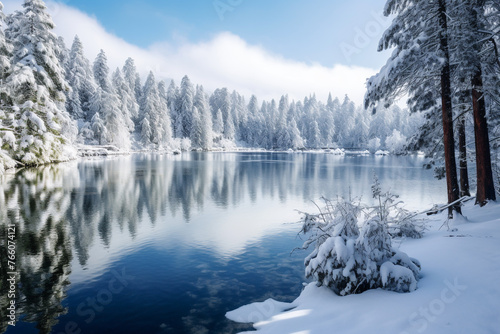 Lake with snow covering on tree branches © Golden House Images