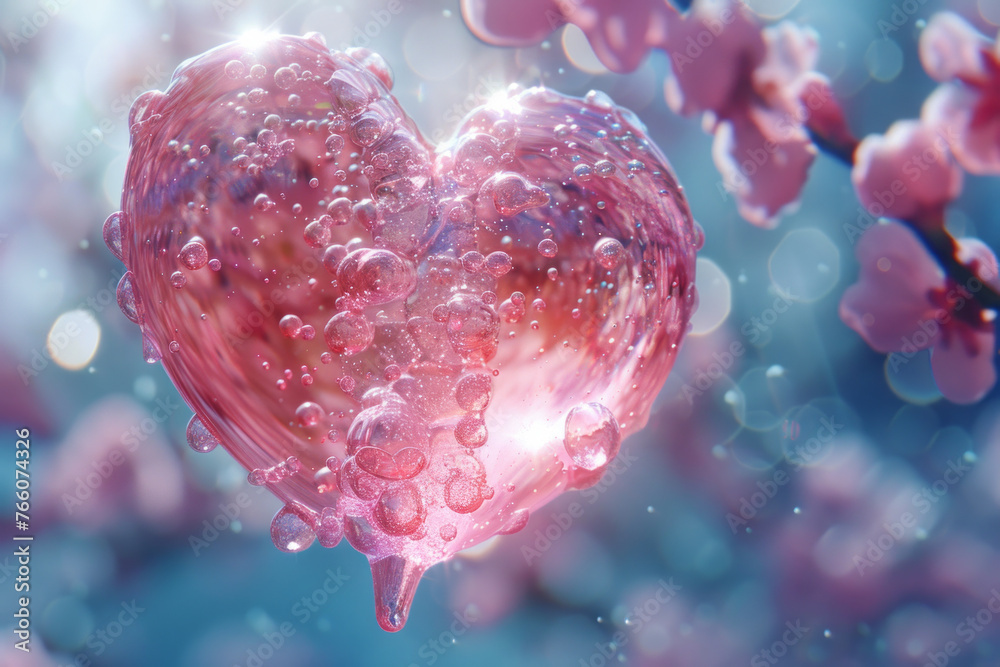 Floating pink love shape bubble under sea with blue bright light background. Generative AI Floating pink love shape bubble under sea with blue bright light background. Generative AI