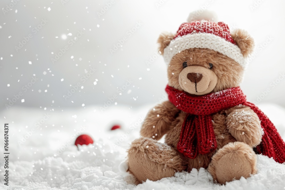 A teddy bear is sitting in the snow with a red scarf and a red hat. Concept of warmth and coziness