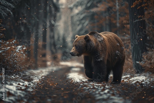 A bear is walking through a snowy forest. The bear is brown and he is walking on a path. The snow is falling around the bear, creating a peaceful and serene atmosphere © auttawit