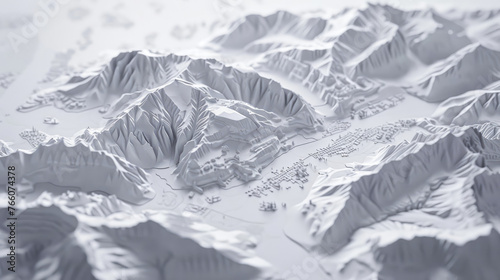 close up section of an isometric map of Switzerland cities, light grey, minimalistic with topography and buildings photo