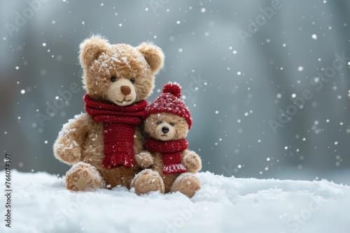 Two teddy bears are sitting in the snow, one wearing a red scarf and the other wearing a red hat