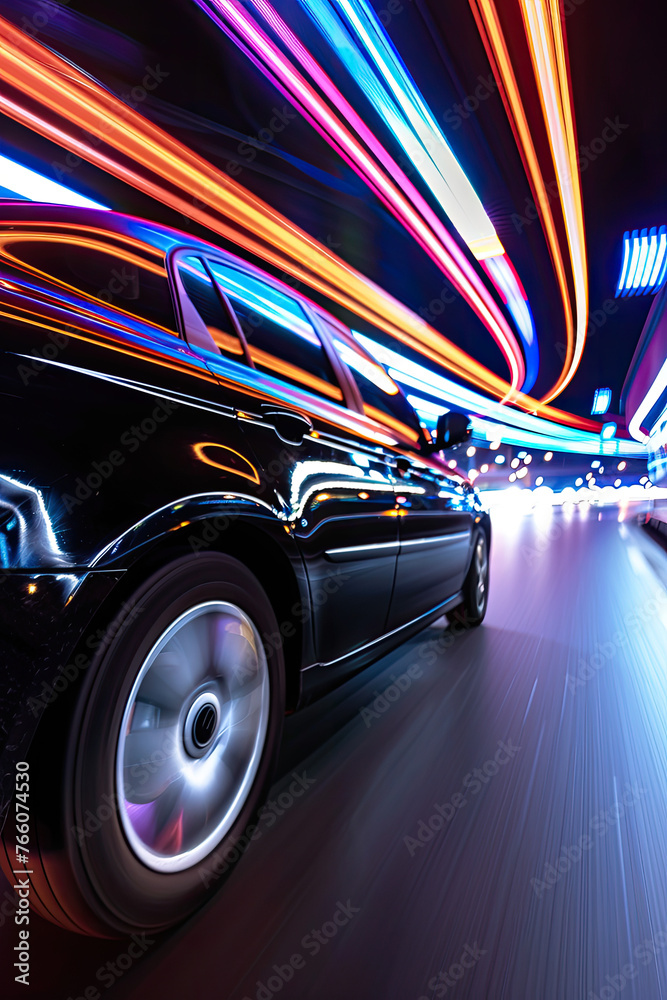 A black car driving fast on the highway, with motion blur and colorful neon lights Speed lines and a close up wide angle shot with high resolution