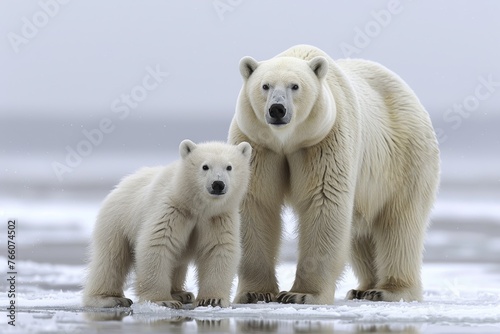 Two polar bears standing on a frozen lake. The mother bear is larger than the baby bear. The scene is peaceful and serene photo