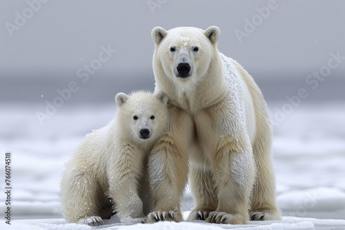 Two polar bears standing next to each other in the snow. The baby bear is smaller than the adult bear photo