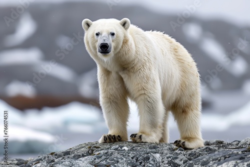 A polar bear stands on a rock in the snow. The bear is looking at the camera with a curious expression. The scene is peaceful and serene, with the bear being the main focus of the image © auttawit