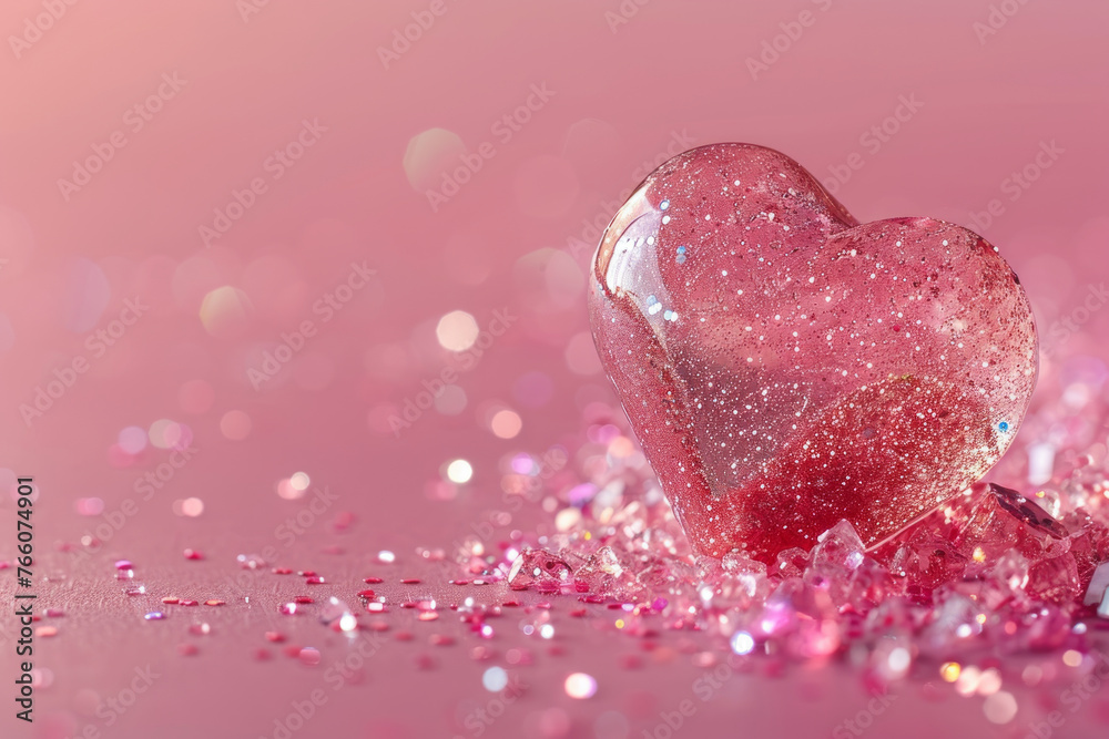 Glitter heart dissolving into pieces on pink background. Generative AI