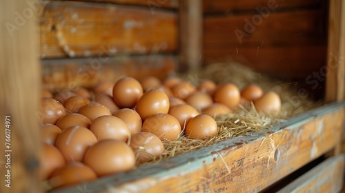 Chicken eggs in the coop, products from hens that produce a large number of eggs.