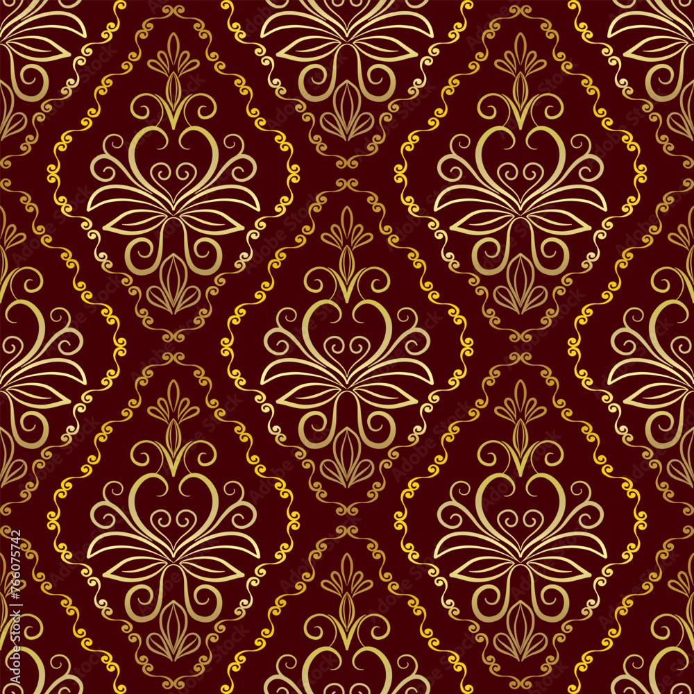 Floral golden Classic seamless vector pattern. Damask orient ornament. Classic vintage background. Orient golden ornament on red background for fabric